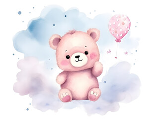 Cute Teddy bear with balloons in the sky with pink clouds cartoon illustration