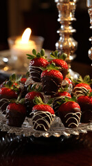 Valentine's chocolate-covered strawberries elegantly dressed in white chocolate stripes, set against a romantic backdrop of candlelight and crystal.