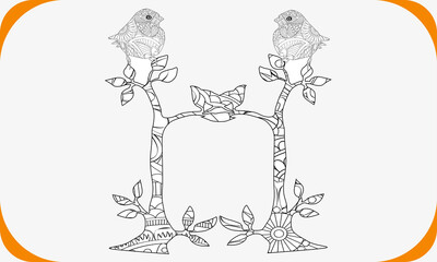 Hand drawn ink pattern. Coloring book Coloring for adult. bird.Art therapy coloring page. Birds hand drawn in vintage style with flowers. Waxwing and flowers. The art of linear engraving. Bird concept