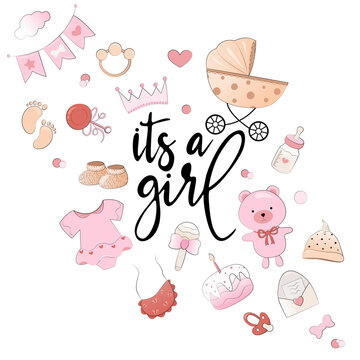 Gender reveal party. Props for a children's photo booth. This is a girl, the inscription is written in calligraphy.
 A set of items for a
 girl: dress, crown, ball, cake, rattle, pacifier, bib, bottle