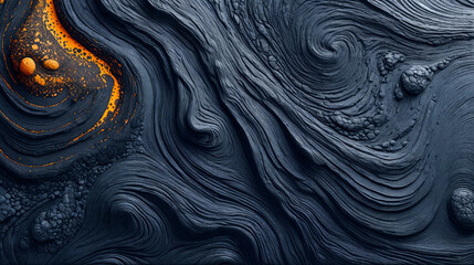 Fototapeta premium Abstract texture of frozen lava in black and blue color with orange elements.