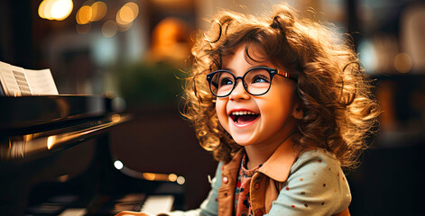Joyful girl learning to play the piano, image for advertising music courses
