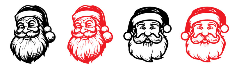 Santa claus logo in line art style. santa claus face beard moustache happy xmas christmas new year outline thin line vector icon black and red on white background.