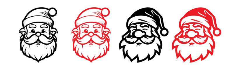 Santa claus logo in line art style. santa claus face beard moustache happy xmas christmas new year outline thin line vector icon black and red on white background. - obrazy, fototapety, plakaty
