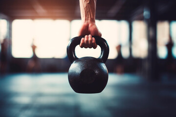 Person with Kettlebell performing crossfit exercise. Crossfit or cross training consists of an activity that encompasses strength and physical conditioning through the combination of aerobic exercises - obrazy, fototapety, plakaty