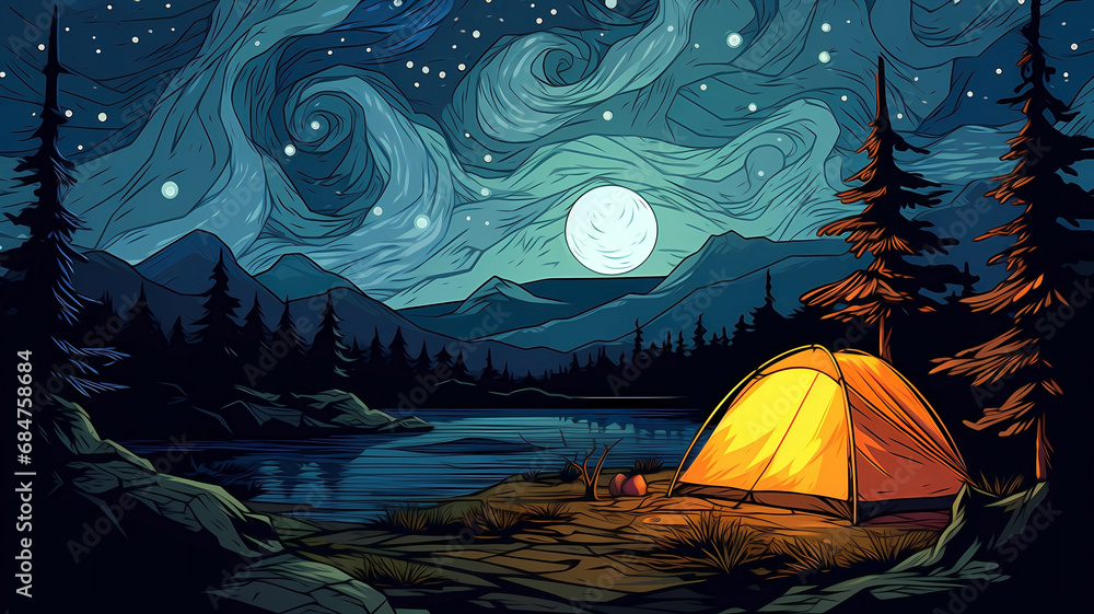 Wall mural hand-painted illustration of van gogh's camping tent under the beautiful starry sky