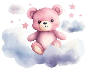 Cute Teddy bear in the sky with pink and blue clouds cartoon illustration