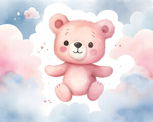 Cute Teddy bear in the sky with pink and blue clouds cartoon illustration