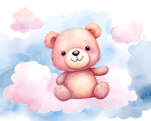 Obraz na płótnie Canvas Cute Teddy bear in the sky with pink and blue clouds cartoon illustration