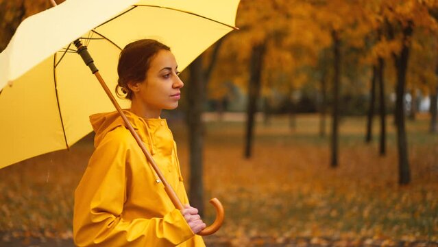 camera tracking shot of woman in yellow raincoat with bright umbrella walks in autumn park at rainy day. wet rain weather, fall season, golden foliage
