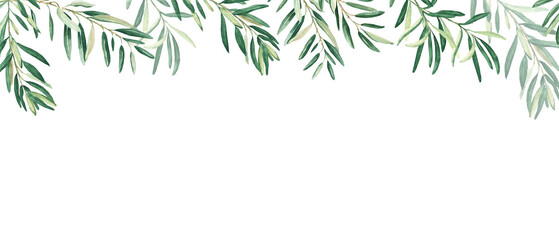 Horizontal frame, border with olive branches. Watercolor hand drawn illustration. Perfect as a web banner, card and invitation template, for menu design.