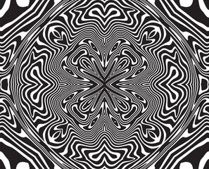 Line art optical art. Abstract psychedelic background. Optical illusion style. Black dark background.Wave design black and white. Digital image with a psychedelic stripes