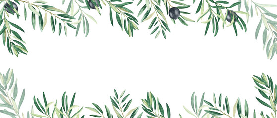 Horizontal frame, border with olive branches and ripe fruits. Watercolor hand drawn illustration. Perfect as a web banner, card and invitation template, for menu design. - obrazy, fototapety, plakaty