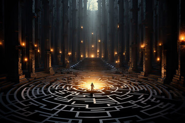 A man standing in the middle of a maze