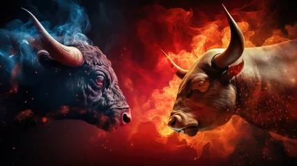 Schilderijen op glas Conceptual illustration of the confrontation between two aggressive bulls. Fire and flame. Illustration for banner, poster, cover, brochure, advertising, marketing or presentation. © Login