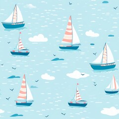 Cute seamless pattern with sailing ships. Unisex illustration design for textile or wallpapers, postcards or baby shower invitation