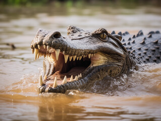 Obraz premium An open-mouthed crocodile was photographed at close range.