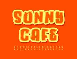 Vector creative logo Sunny Cafe with bright sticker Font. Funny set of Alphabet Letters and Numbers