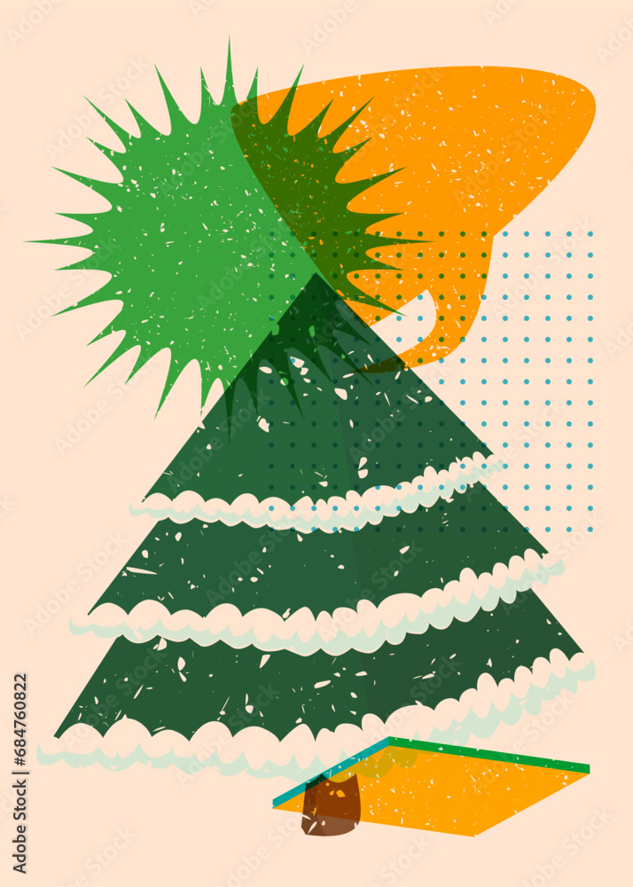 Poster risograph christmas tree with speech bubble with geometric shapes. pine tree in trendy riso graph pr