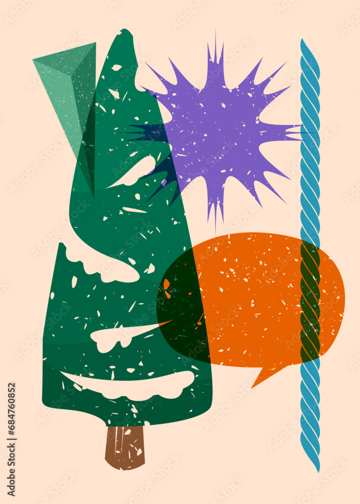 Poster risograph christmas tree with speech bubble with geometric shapes. pine tree in trendy riso graph pr