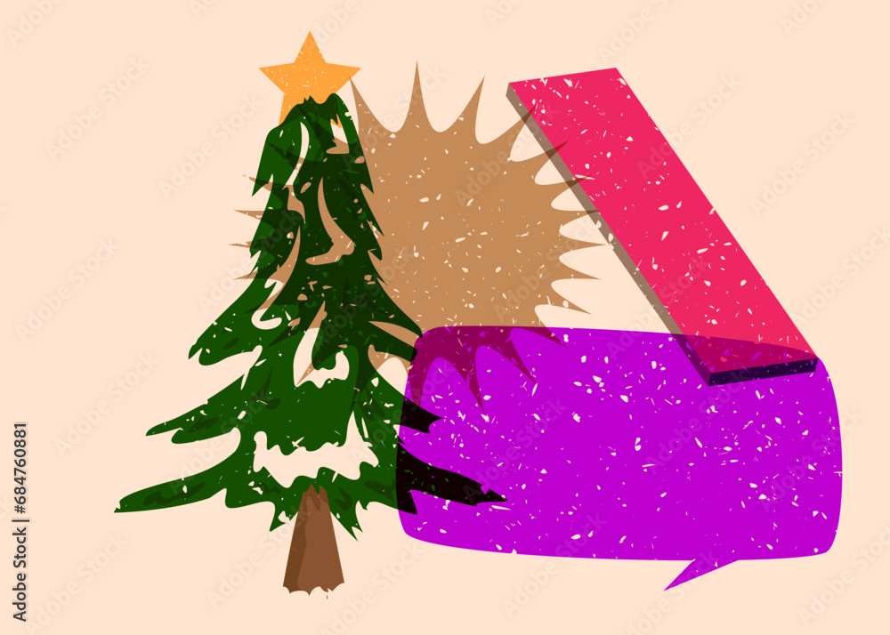 Poster risograph christmas tree with speech bubble with geometric shapes. pine tree in trendy riso graph pr
