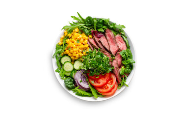 Beef steak and Fresh Vegetables Buddha Bowl on White Background
