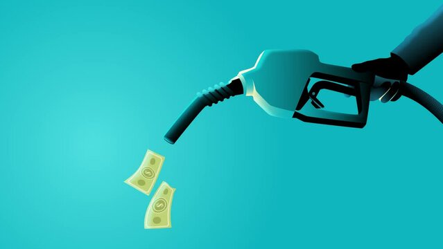 Motion graphic of a hand gripping a gasoline fuel pump, the pump dispenses money instead of fuel,  perfect for projects related to rising fuel prices, economic commentary, or financial discussions