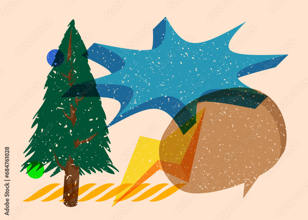Poster risograph christmas tree with speech bubble with geometric shapes. pine tree in trendy riso graph pr