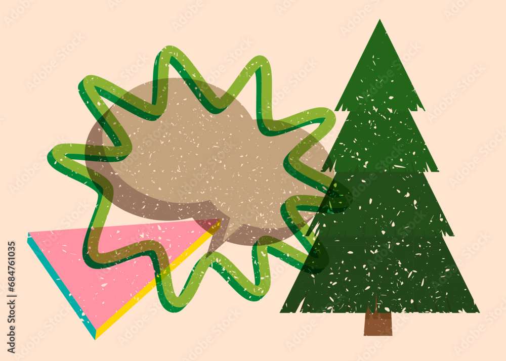 Poster risograph christmas tree with speech bubble with geometric shapes. pine tree in trendy riso graph pr