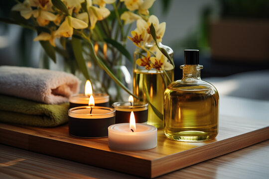 Beauty spa treatment composition with aroma oils, candles and towels
