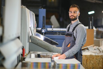 Printing house interior with modern offset print machine and operator in working uniform checking...
