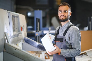 printing house, experimented technician works on UV printer. Production work
