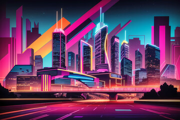 Experience the vibrant energy of Madrid's skyline in a retro 80s style with neon lights