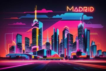 Fototapeta na wymiar Experience the vibrant energy of Madrid's skyline in a retro 80s style with neon lights