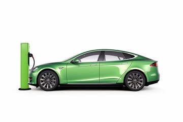 In the realm of eco-friendly transport, a modern electric vehicle stands connected to a charging station, highlighting the marriage of advanced green technology in isolated, clean, and efficient surro