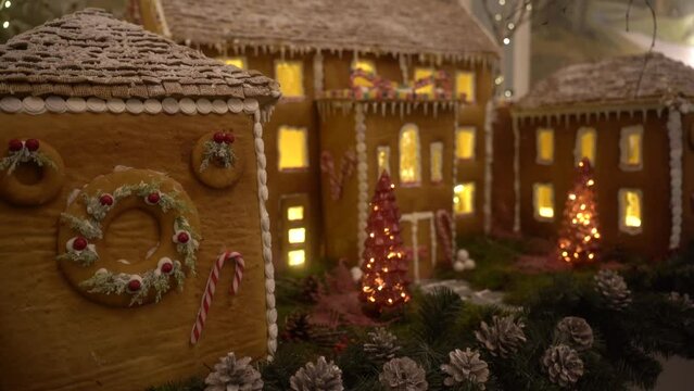 Christmas house made of gingerbread cookies. 4k