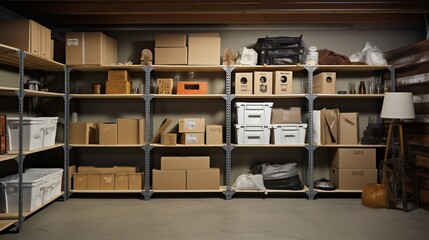 A clean and organized basement or storage area with labeled boxes and shelves.