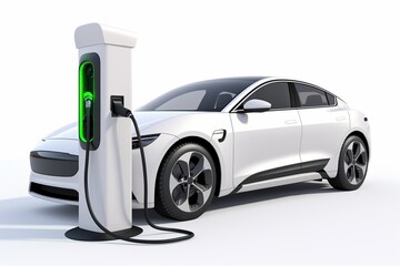 Explore the future of clean mobility with a modern electric vehicle seamlessly plugged into a charging station. This image encapsulates advanced green technology against a pristine white background
