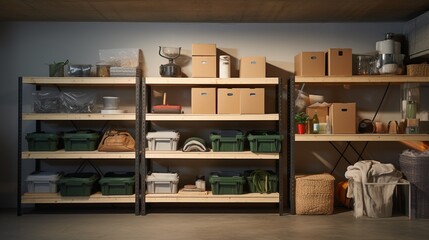 A clean and organized basement or storage area with labeled boxes and shelves.