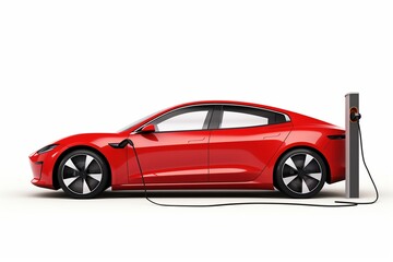 Explore the future of clean mobility with a modern electric vehicle seamlessly plugged into a charging station. This image encapsulates advanced green technology against a pristine white background - obrazy, fototapety, plakaty
