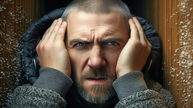 ligyrophobia: the visceral response to overwhelming sounds, captured in ultra-realistic detail, showing the stark contrast of fear in everyday situations - generated with AI