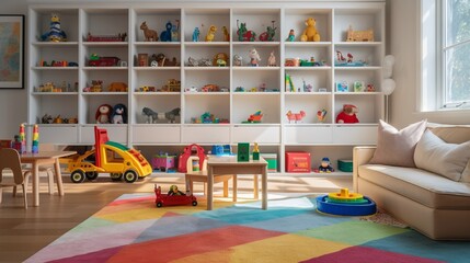 A clean and organized children's playroom with toys, books, and a colorful rug.
