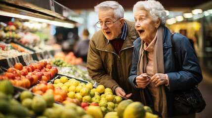 Photography of an elderly couple of pensioners are surprised to see the prices of fruit in the supermarket - obrazy, fototapety, plakaty