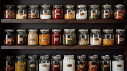A clean and organized pantry with neatly labeled jars and containers.
