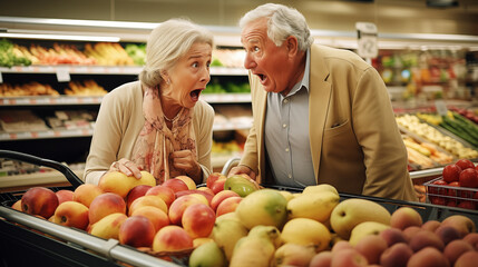 Photography of an elderly couple of pensioners are surprised to see the prices of fruit in the...
