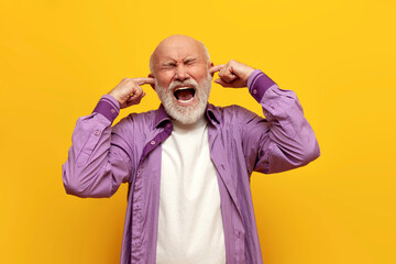 angry old bald grandfather in purple shirt covers his ears with his hands and screams on yellow...