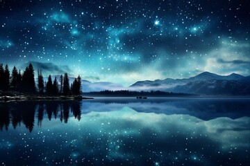 A clear and starry night sky over a tranquil lake, with reflections of the cosmos creating a...