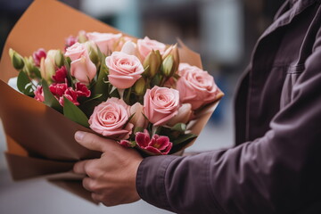 Male hand holding elegant bouquet of pink rose flowers wrapped in craft paper package. Flower courier delivery at Valentine's day concept.