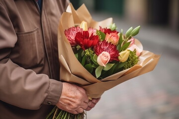 Close up view of senior man hands holding a bouquet of flowers.