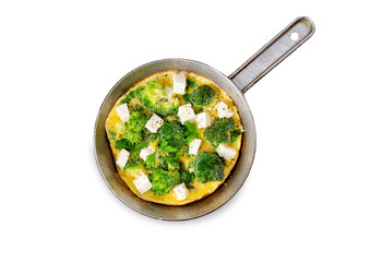 Omelet with Broccoli and Feta Cheese in a Skillet Pan, Baked Omelet on White Background